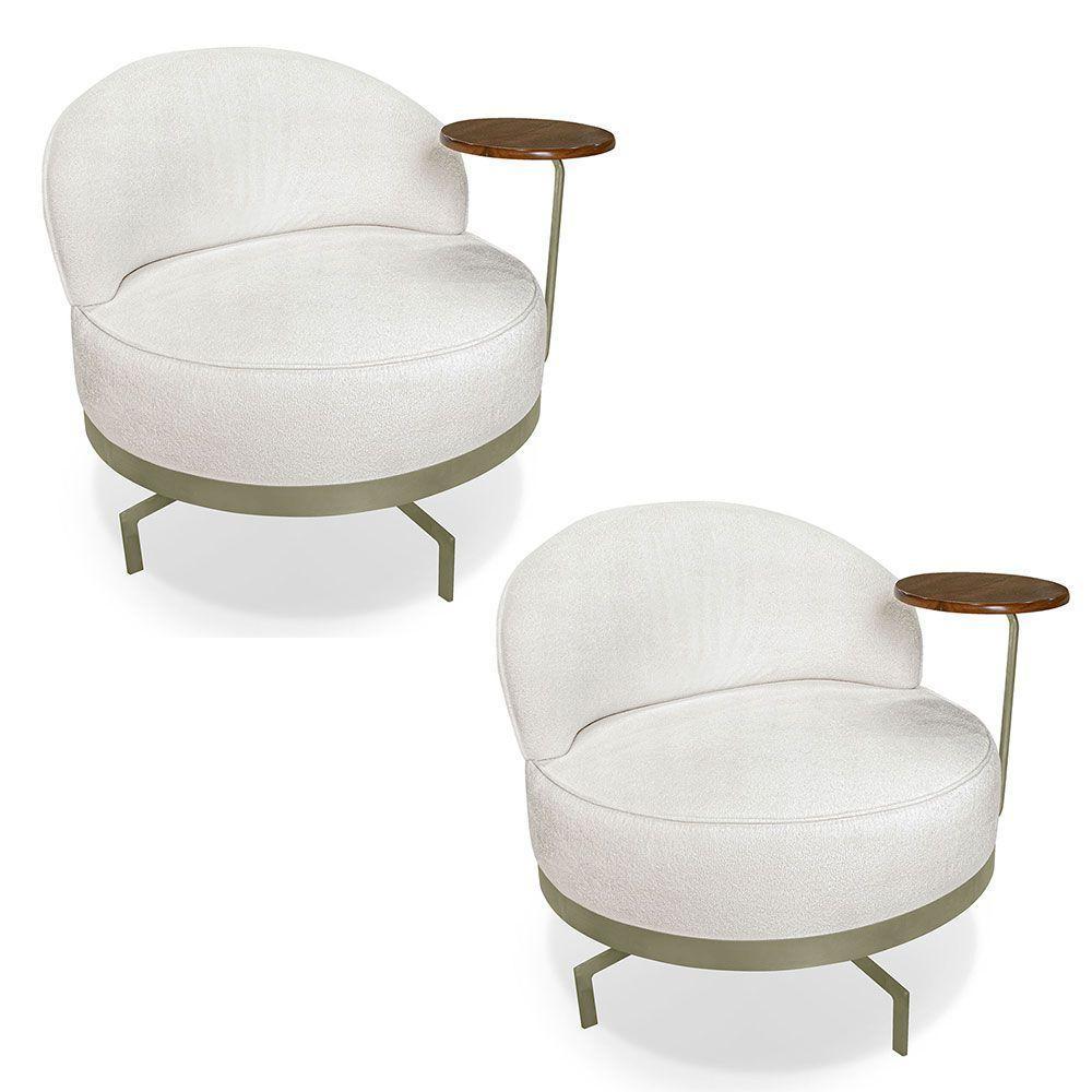 Kit 2 Poltronas Decorativa Andromeda Linho Bouclê Bege Pérola Base Giratória De Ferro - Pallazio - 1