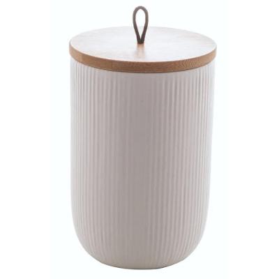 Pote Decorativo com Tampa de Bambu Lines Branco 15cm Lyor