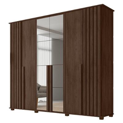 Guarda Roupa Casal Amsterdã 6 Portas de Bater 4 Gavetas Noce com Espelho