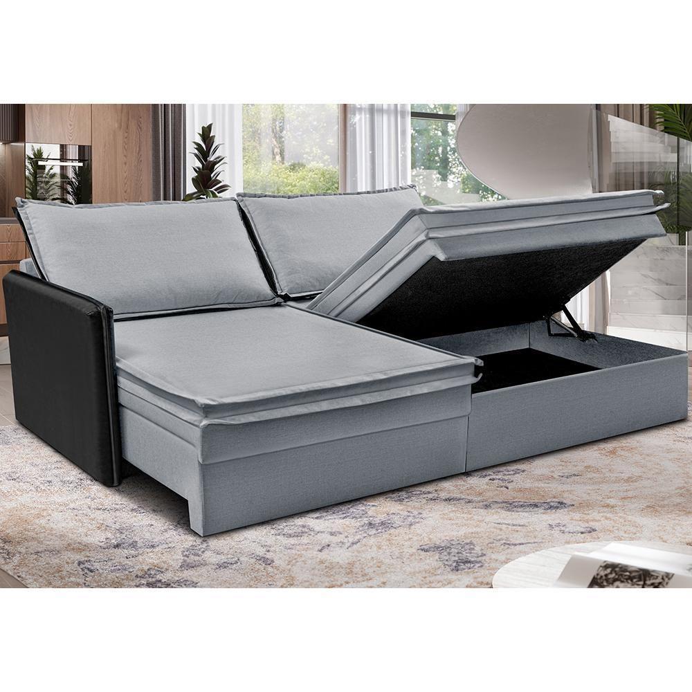 Sofá Sem Caixa Retrátil Baú 1,75m Cama Inbox Grace Tecido Linho E Courino Cinza Claro - 1