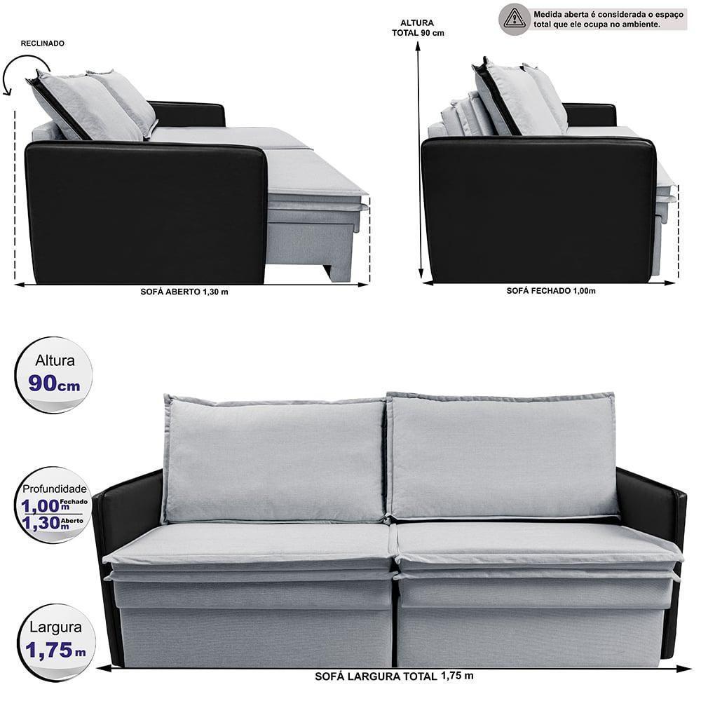 Sofá Sem Caixa Retrátil Baú 1,75m Cama Inbox Grace Tecido Linho E Courino Cinza Claro - 2
