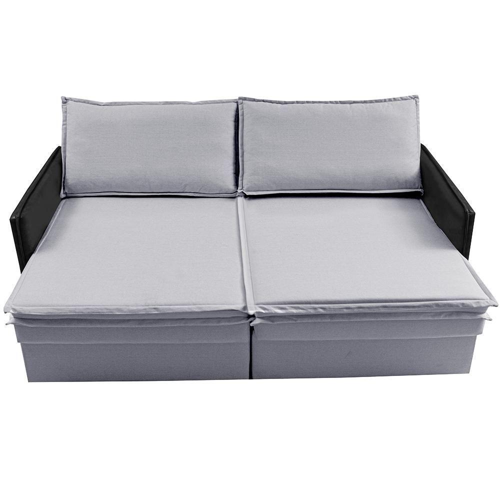 Sofá Sem Caixa Retrátil Baú 1,75m Cama Inbox Grace Tecido Linho E Courino Cinza Claro - 3