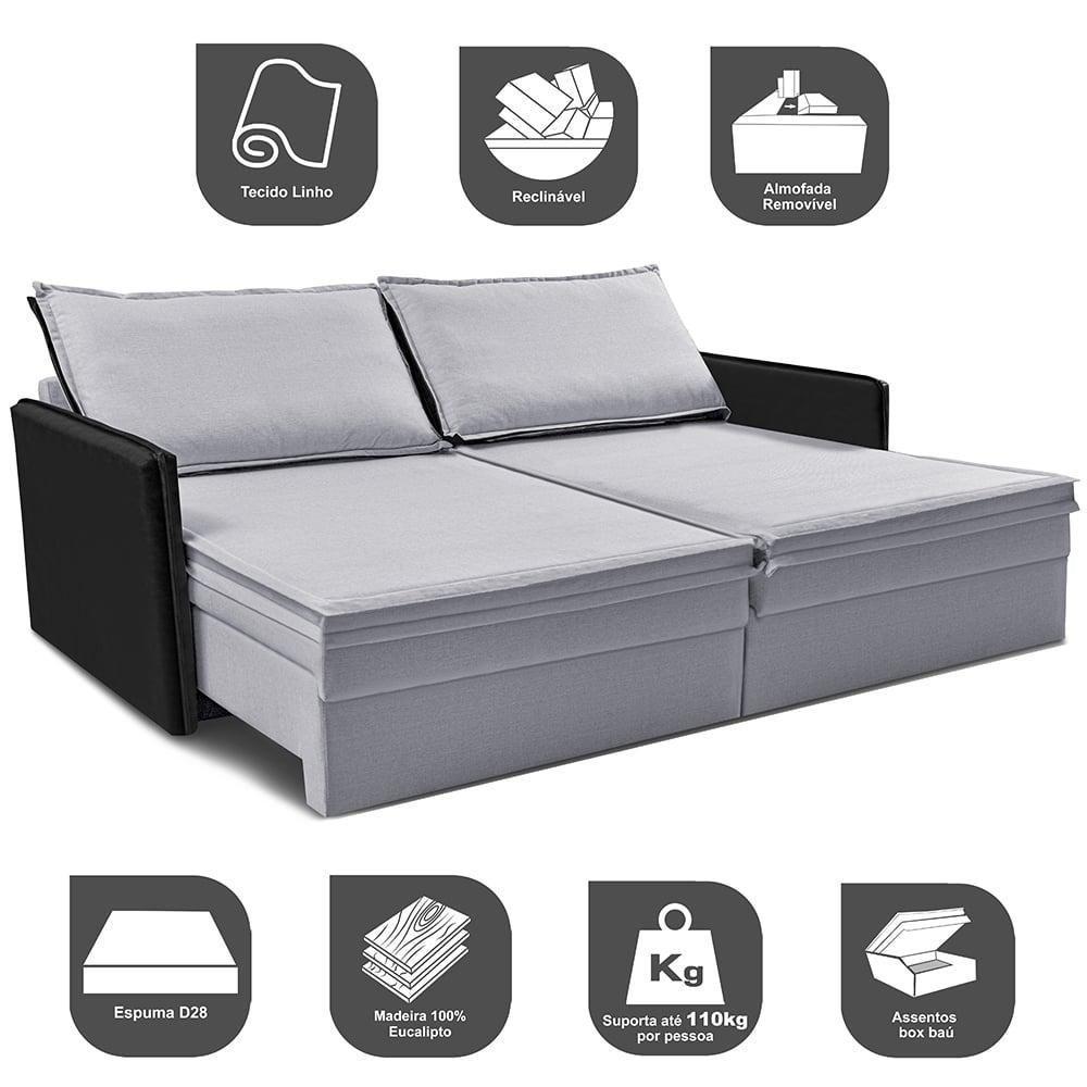 Sofá Sem Caixa Retrátil Baú 1,75m Cama Inbox Grace Tecido Linho E Courino Cinza Claro - 5