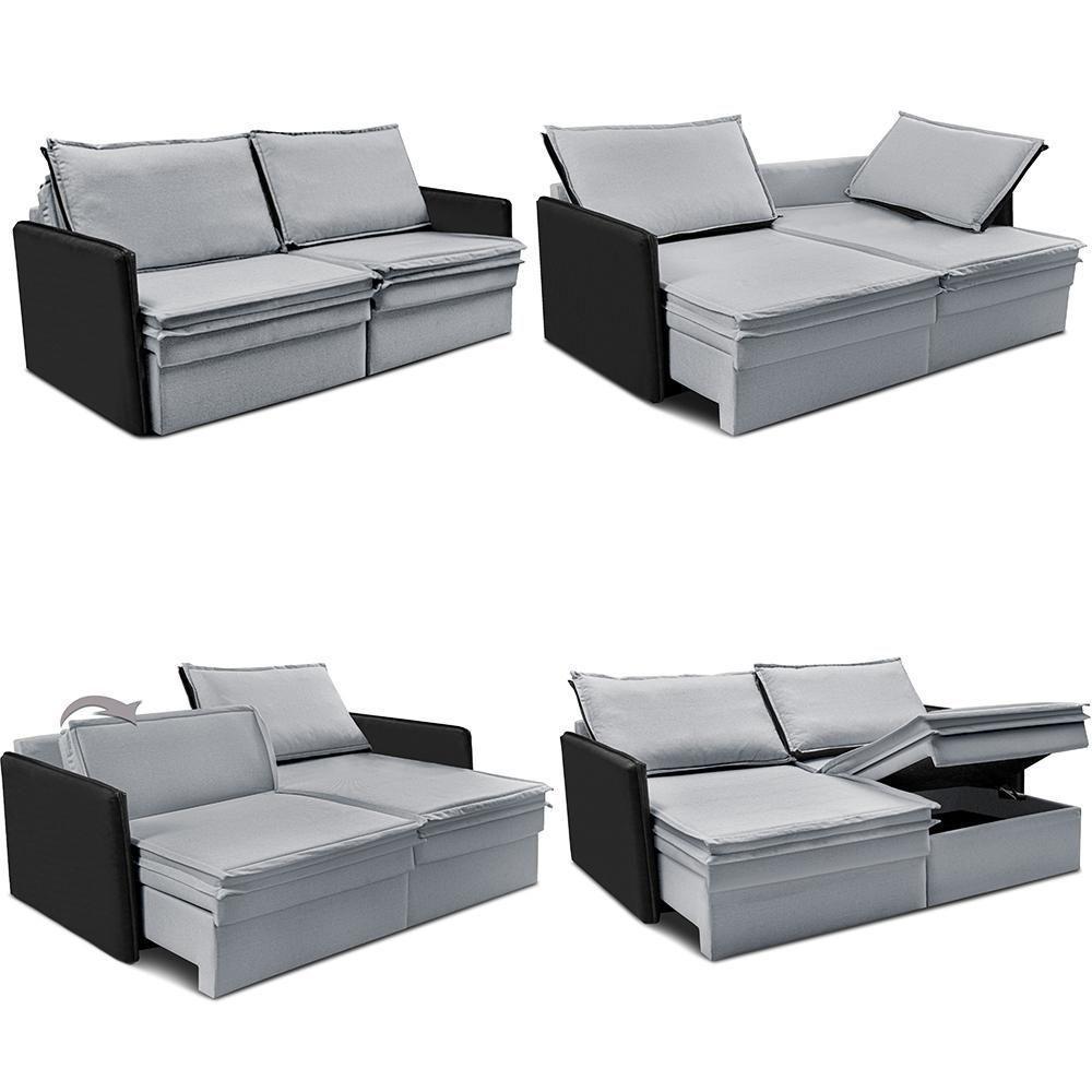 Sofá Sem Caixa Retrátil Baú 1,55m Cama Inbox Grace Tecido Linho E Courino Cinza Claro - 3