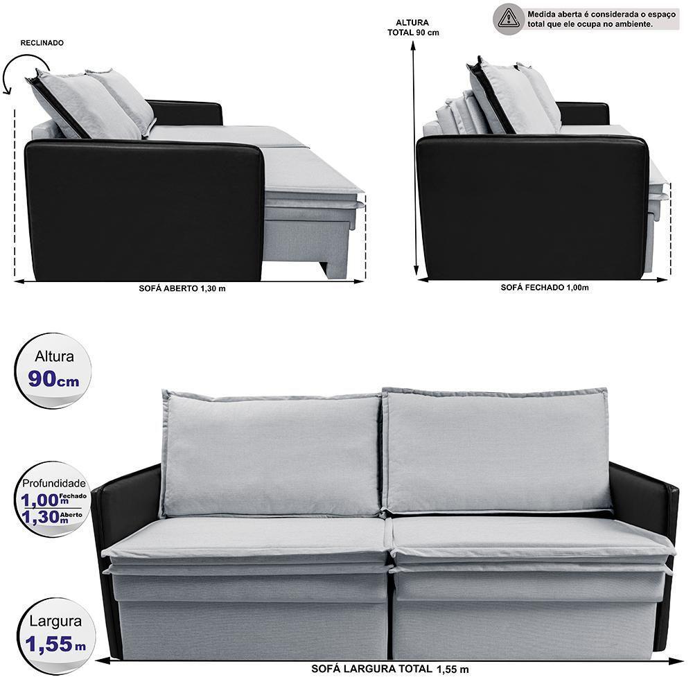 Sofá Sem Caixa Retrátil Baú 1,55m Cama Inbox Grace Tecido Linho E Courino Cinza Claro - 8