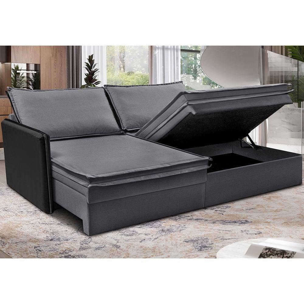 Sofá Sem Caixa Retrátil Baú 1,55m Cama Inbox Grace Tecido Linho E Courino Cinza Escuro - 1