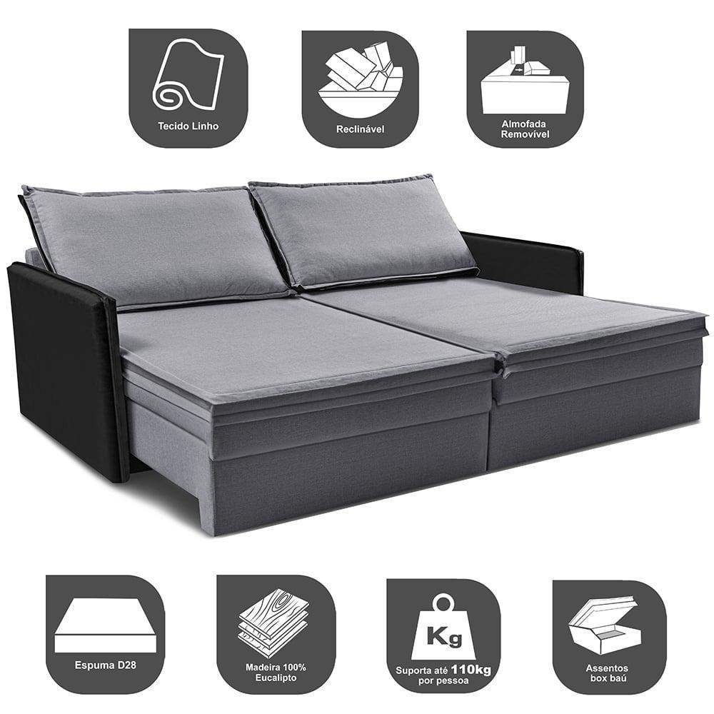 Sofá Sem Caixa Retrátil Baú 1,55m Cama Inbox Grace Tecido Linho E Courino Cinza Escuro - 3