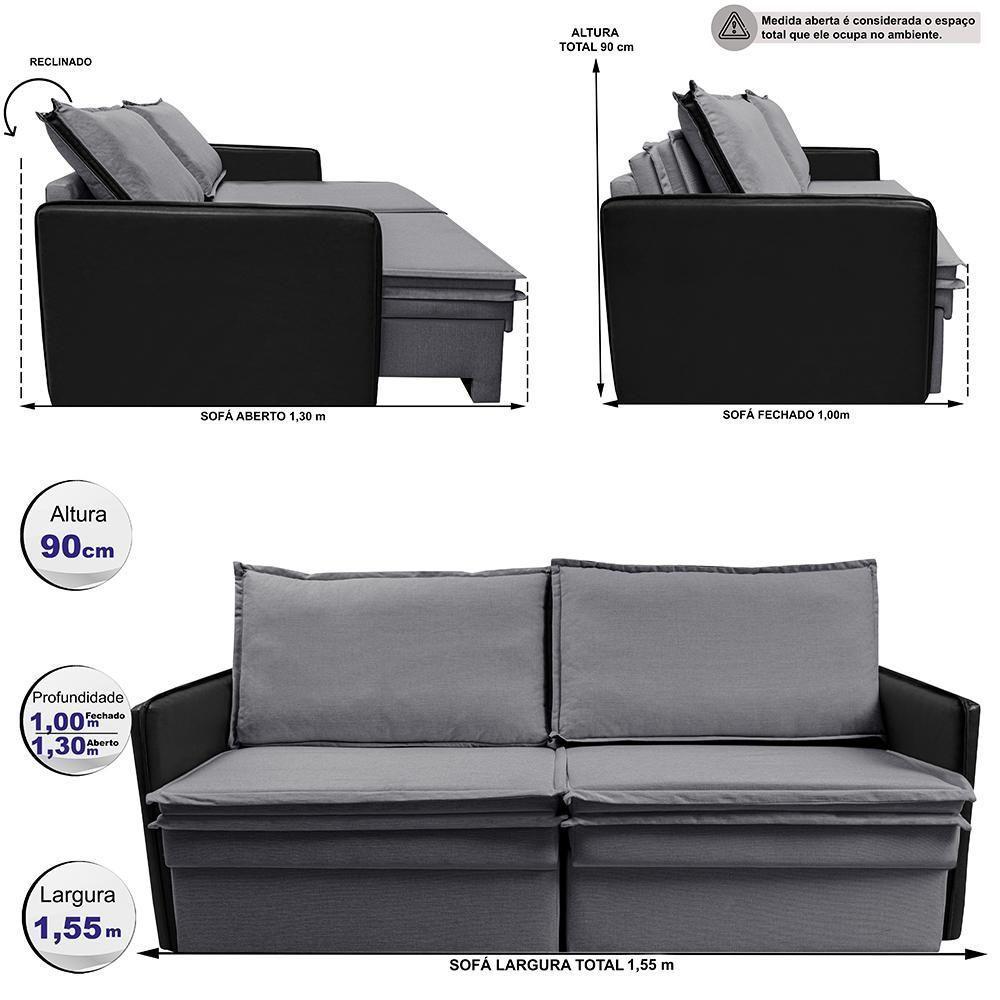 Sofá Sem Caixa Retrátil Baú 1,55m Cama Inbox Grace Tecido Linho E Courino Cinza Escuro - 5