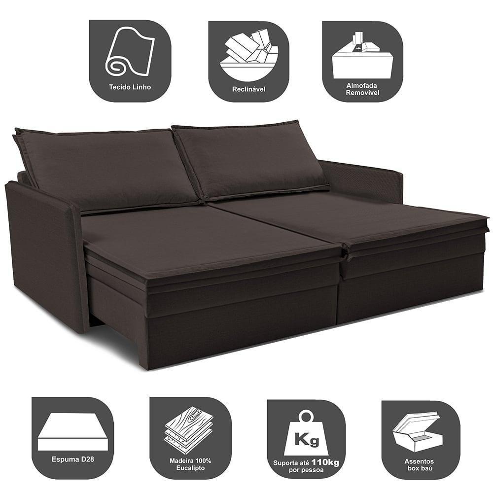 Sofá Sem Caixa Retrátil Baú 1,95m Lounge Linho Marrom Cama Inbox - 4
