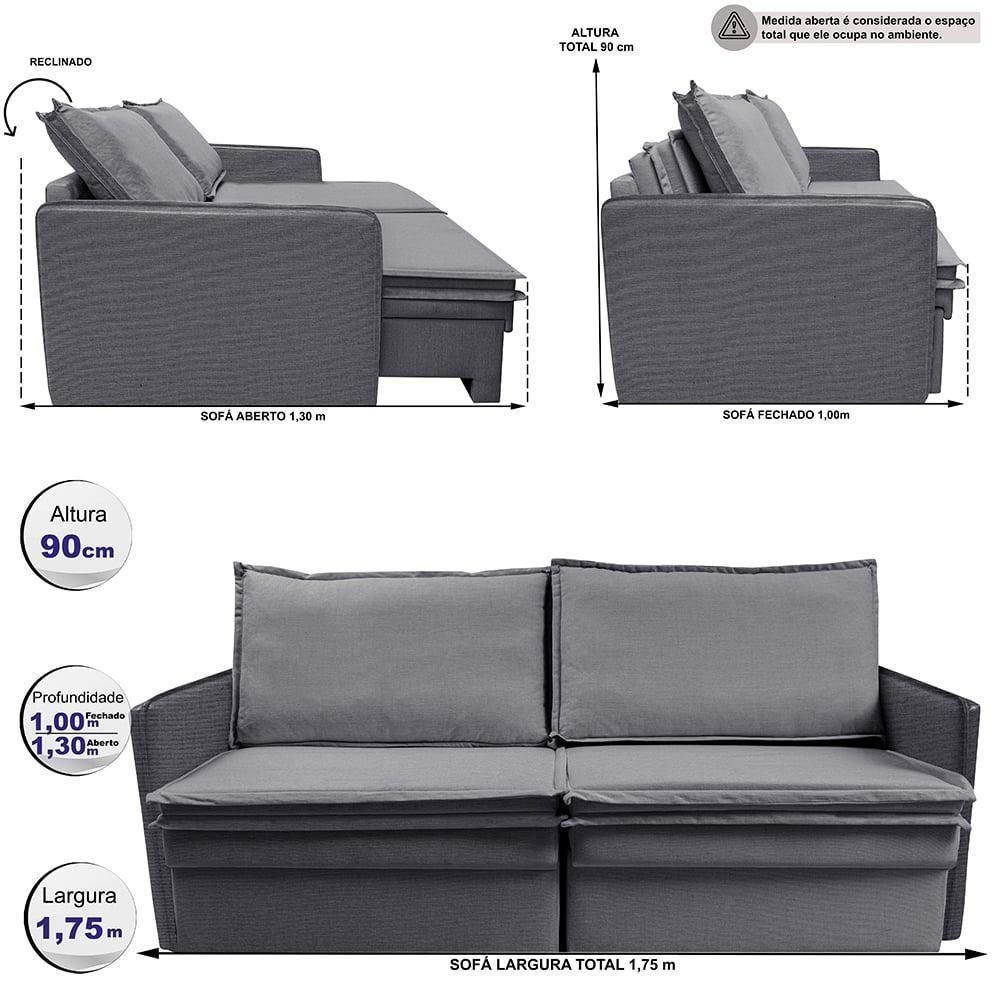 Sofá Sem Caixa Retrátil Baú 1,75m Lounge Linho Cinza Escuro Cama Inbox - 3