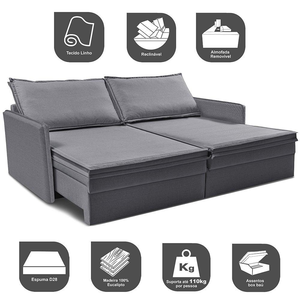 Sofá Sem Caixa Retrátil Baú 1,75m Lounge Linho Cinza Escuro Cama Inbox - 10