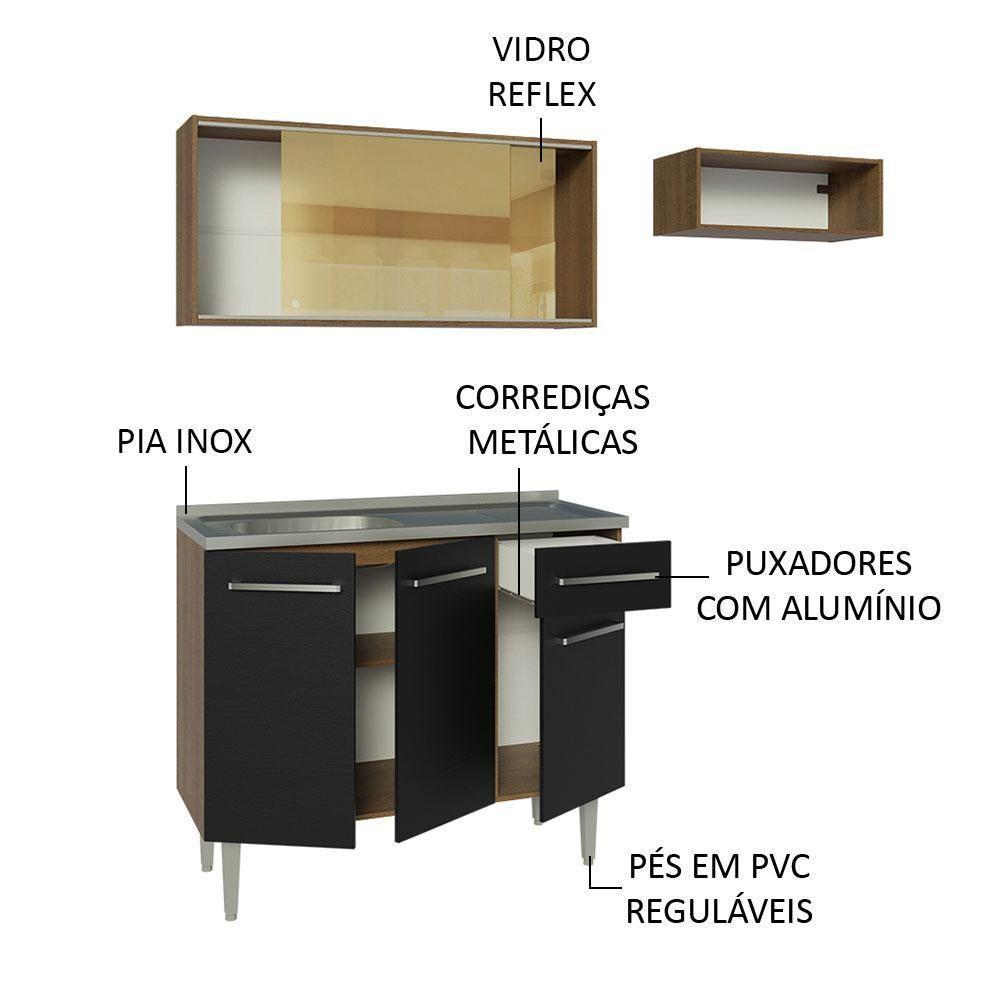 Armário De Cozinha Compacta 165cm Com Pia Rustic/preto Emilly Madesa 06 Rustic/preto - 8
