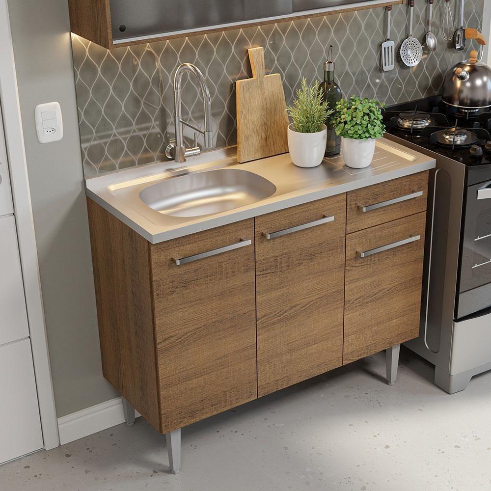 Armário De Cozinha Compacta 165cm Com Pia Rustic Emilly Madesa 05 Rustic - 3