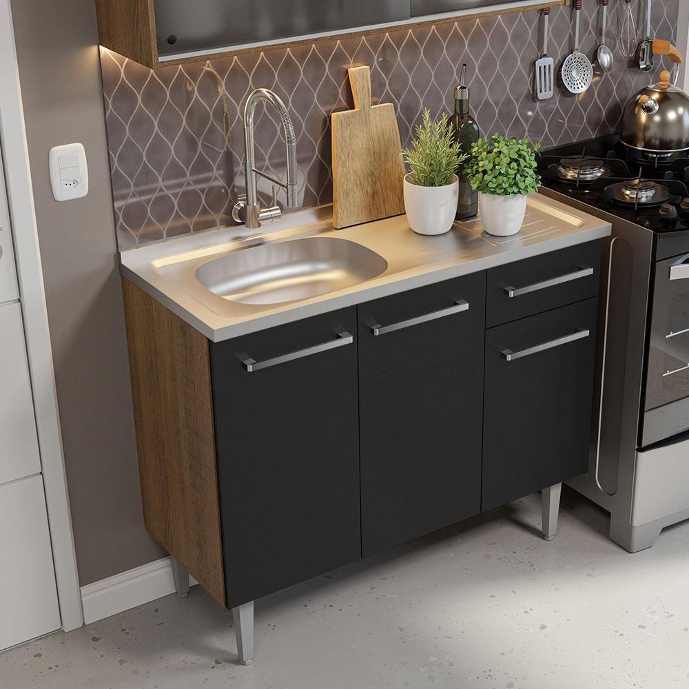 Armário De Cozinha Compacta 165cm Com Pia Rustic/preto Emilly Madesa 05 Rustic/preto - 3