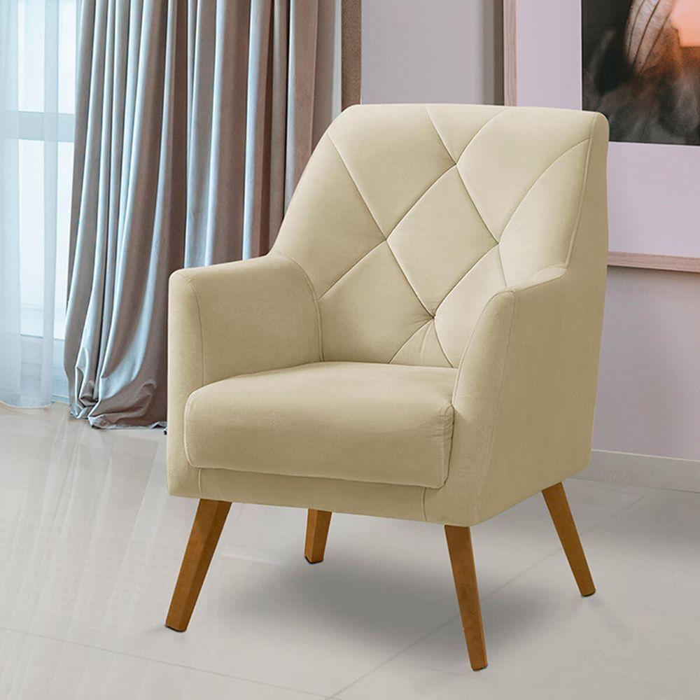 Poltrona Decorativa Bordada Magali Veludo Bege Lansofbr - 1