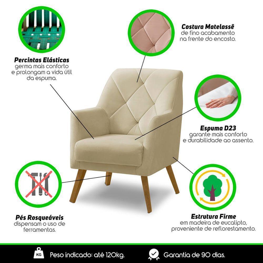 Poltrona Decorativa Bordada Magali Veludo Bege Lansofbr - 7