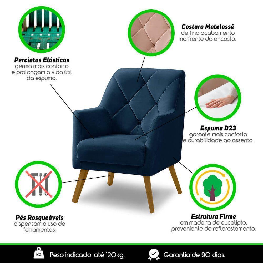 Poltrona Decorativa Bordada Magali Veludo Azul Marinho Lansofbr - 6