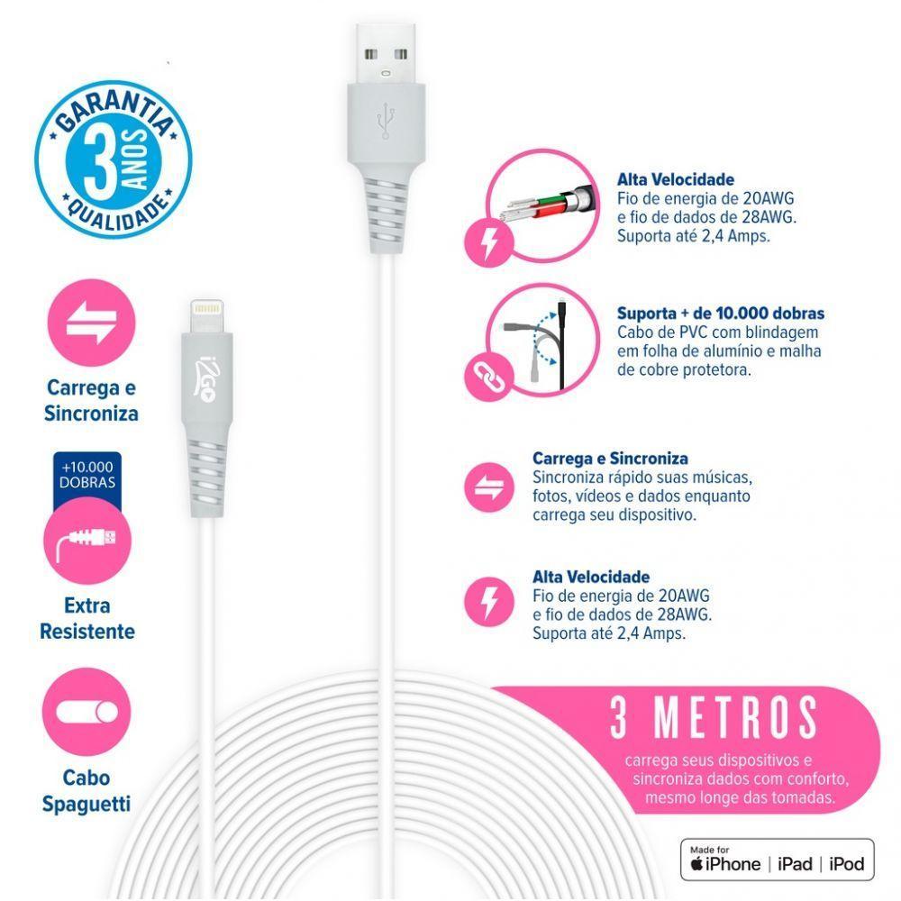 Cabo Celular Lightning 3 Metros 2,4a Mfi I2go I2gcbl007 - 4