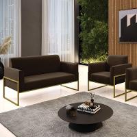Sofá Namoradeira Com Poltrona Base Industrial Alta Dourado Marisa Suede Marrom D03 - D\'rossi - 2
