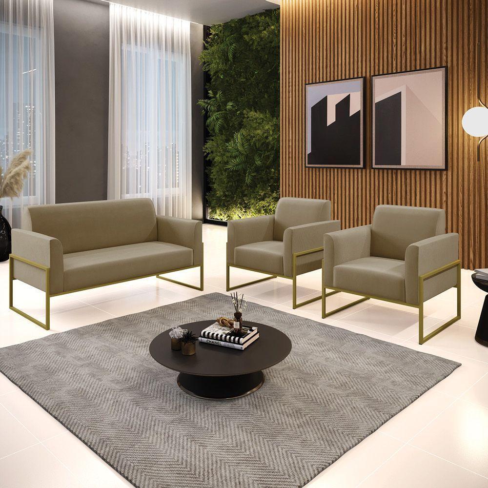 Sofá Namoradeira Com 2 Poltronas Base Industrial Alta Dourado Marisa Suede D03 - D\'rossi Cor Marrom Rato - 2