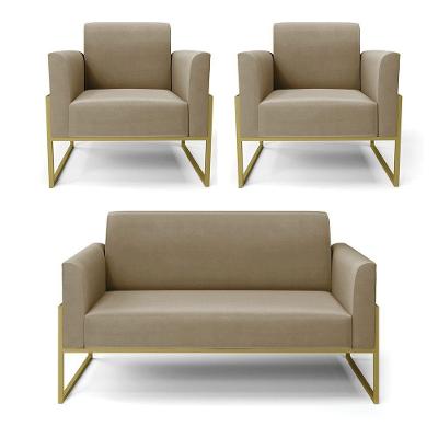 Sofá Namoradeira Com 2 Poltronas Base Industrial Alta Dourado Marisa Suede D03 - D\'rossi Cor Marrom Rato