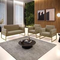 Sofá Namoradeira Com 2 Poltronas Base Industrial Alta Dourado Marisa Suede D03 - D\'rossi Cor Marrom Rato - 2