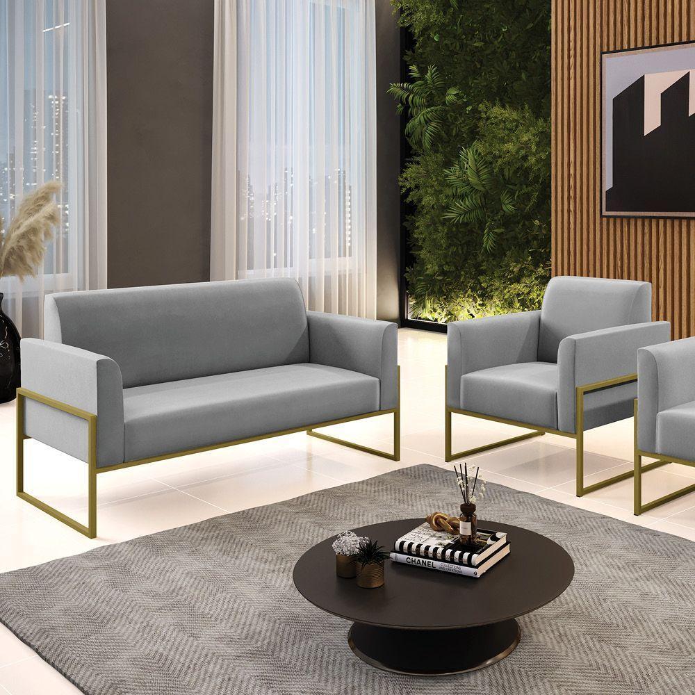 Sofá Namoradeira Com Poltrona Base Industrial Alta Dourado Marisa Suede D03 - D\'rossi Cor Cinza - 4