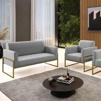 Sofá Namoradeira Com Poltrona Base Industrial Alta Dourado Marisa Suede D03 - D\'rossi Cor Cinza