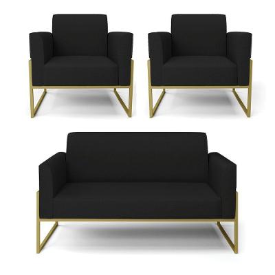 Sofá Namoradeira Com 2 Poltronas Base Industrial Alta Dourado Marisa Linho D03 - D\'rossi Cor A79 Preto