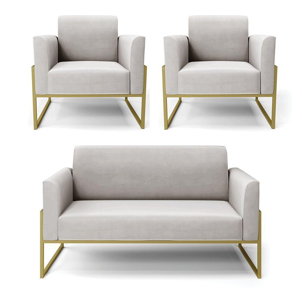 Sofá Namoradeira Com 2 Poltronas Base Industrial Alta Dourado Marisa Veludo D03 - D\'rossi Cor Cinza - 1