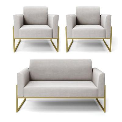 Sofá Namoradeira Com 2 Poltronas Base Industrial Alta Dourado Marisa Veludo D03 - D\'rossi Cor Cinza