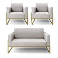 Sofá Namoradeira Com 2 Poltronas Base Industrial Alta Dourado Marisa Veludo D03 - D\'rossi Cor Cinza - 1