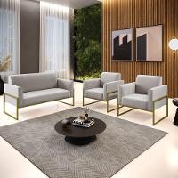 Sofá Namoradeira Com 2 Poltronas Base Industrial Alta Dourado Marisa Veludo D03 - D\'rossi Cor Cinza - 3