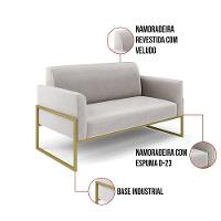 Sofá Namoradeira Com 2 Poltronas Base Industrial Alta Dourado Marisa Veludo D03 - D\'rossi Cor Cinza
