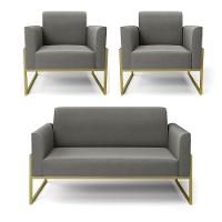 Sofá Namoradeira Com 2 Poltronas Base Industrial Alta Dourado Marisa Suede D03 - D\'rossi Cor Grafite - 1