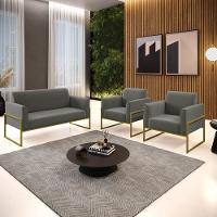 Sofá Namoradeira Com 2 Poltronas Base Industrial Alta Dourado Marisa Suede D03 - D\'rossi Cor Grafite - 2