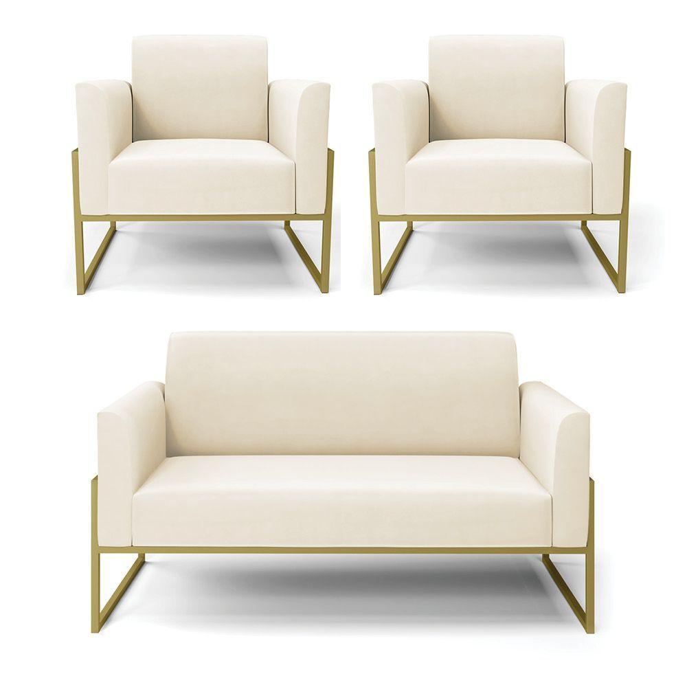 Sofá Namoradeira Com 2 Poltronas Base Industrial Alta Dourado Marisa Veludo D03 - D\'rossi Cor Bege - 1