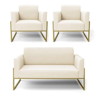 Sofá Namoradeira Com 2 Poltronas Base Industrial Alta Dourado Marisa Veludo D03 - D\'rossi Cor Bege