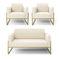 Sofá Namoradeira Com 2 Poltronas Base Industrial Alta Dourado Marisa Veludo D03 - D\'rossi Cor Bege - 1