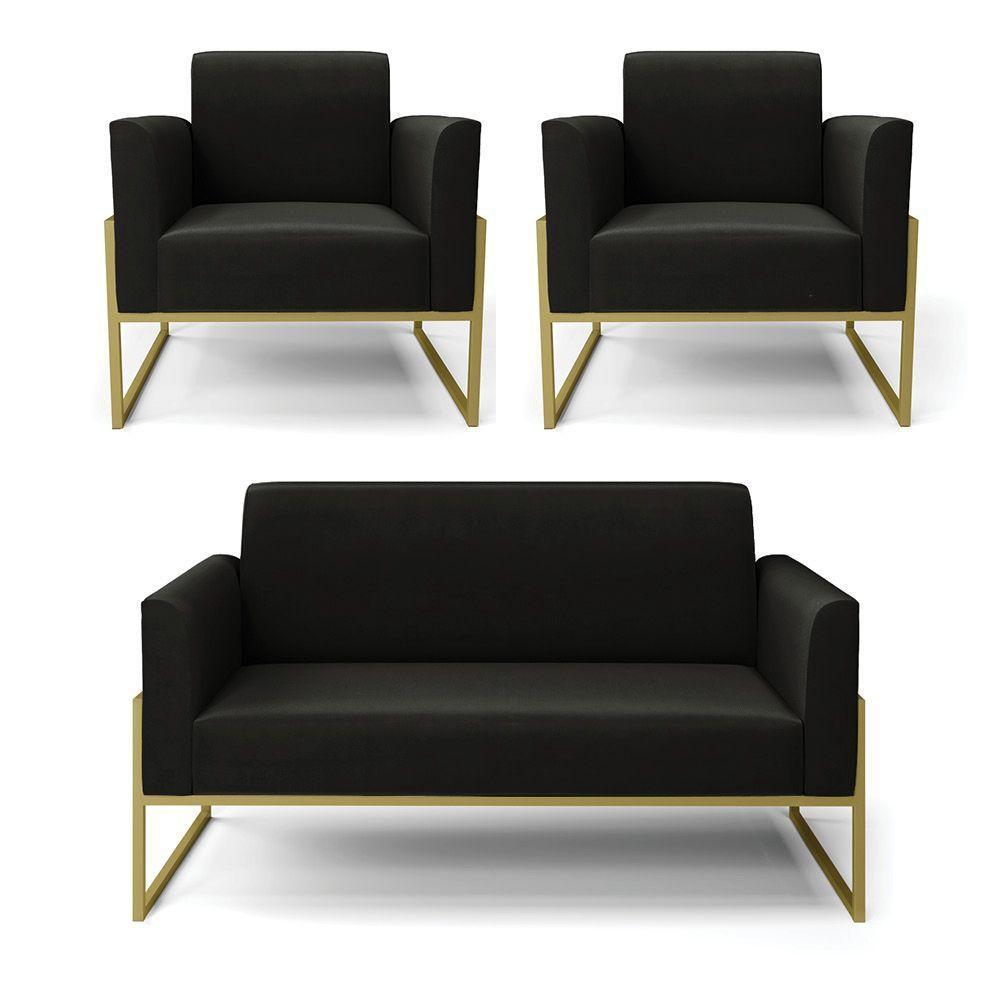 Sofá Namoradeira Com 2 Poltronas Base Industrial Alta Dourado Marisa Suede D03 - D\'rossi Cor Preto - 1