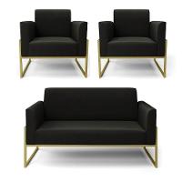 Sofá Namoradeira Com 2 Poltronas Base Industrial Alta Dourado Marisa Suede D03 - D\'rossi Cor Preto - 1