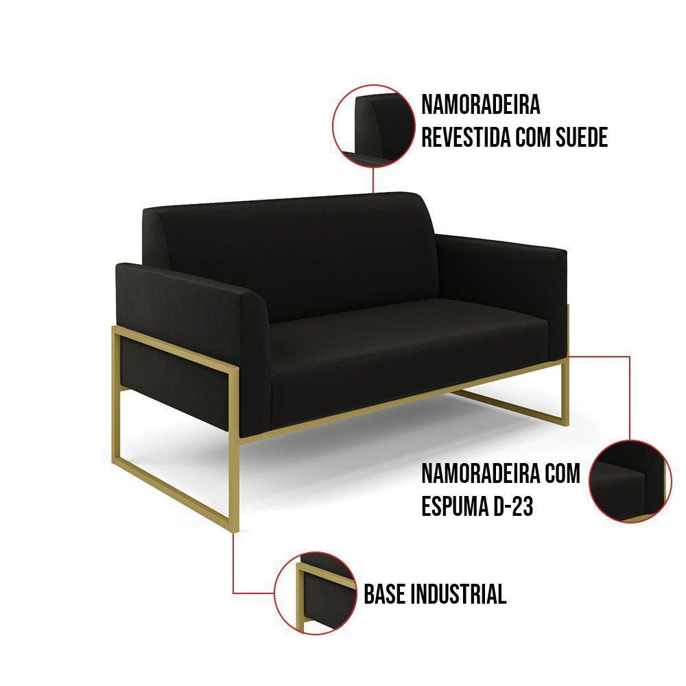 Sofá Namoradeira Com Poltrona Base Industrial Alta Dourado Marisa Suede D03 - D\'rossi Cor Preto - 3