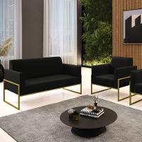 Sofá Namoradeira Com Poltrona Base Industrial Alta Dourado Marisa Suede D03 - D\'rossi Cor Preto - 2