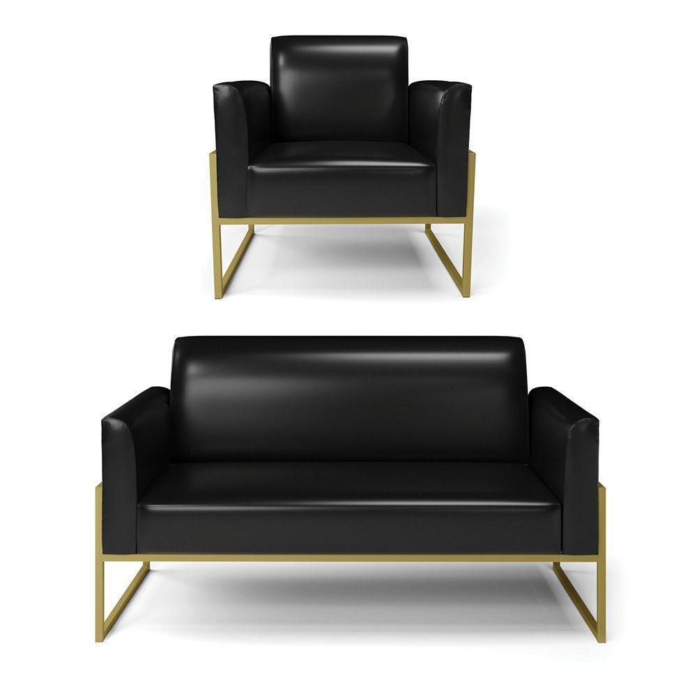 Sofá Namoradeira Com Poltrona Base Industrial Alta Dourado Marisa Corano Preto D03 - D\'rossi - 1