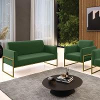 Sofá Namoradeira Com Poltrona Base Industrial Alta Dourado Marisa Suede Verde D03 - D\'rossi - 2