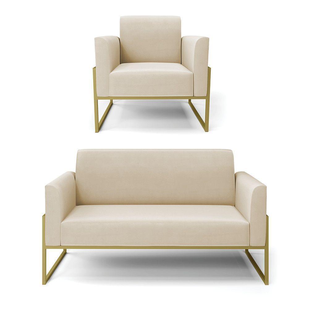 Sofá Namoradeira Com Poltrona Base Industrial Alta Dourado Marisa Suede Bege D03 - D\'rossi - 1
