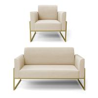 Sofá Namoradeira Com Poltrona Base Industrial Alta Dourado Marisa Suede Bege D03 - D\'rossi - 1
