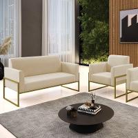 Sofá Namoradeira Com Poltrona Base Industrial Alta Dourado Marisa Suede Bege D03 - D\'rossi - 2