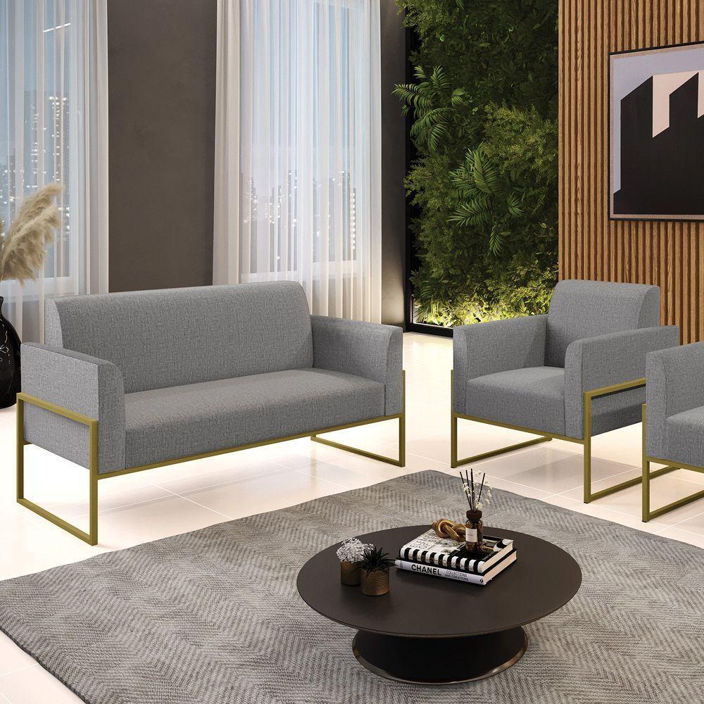 Sofá Namoradeira Com Poltrona Base Industrial Alta Dourado Marisa Linho D03 - D\'rossi Cor A26 Grafite - 5