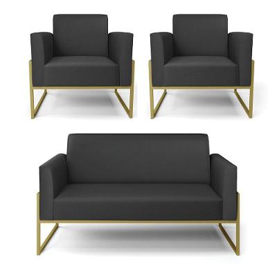 Sofá Namoradeira Com 2 Poltronas Base Industrial Alta Dourado Marisa Corino Preto D03 - D\'rossi